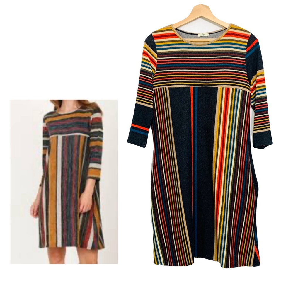 Egs by Eloges 3/4 Sleeve Crew Neck Striped Casual Midi Dress Size Medium